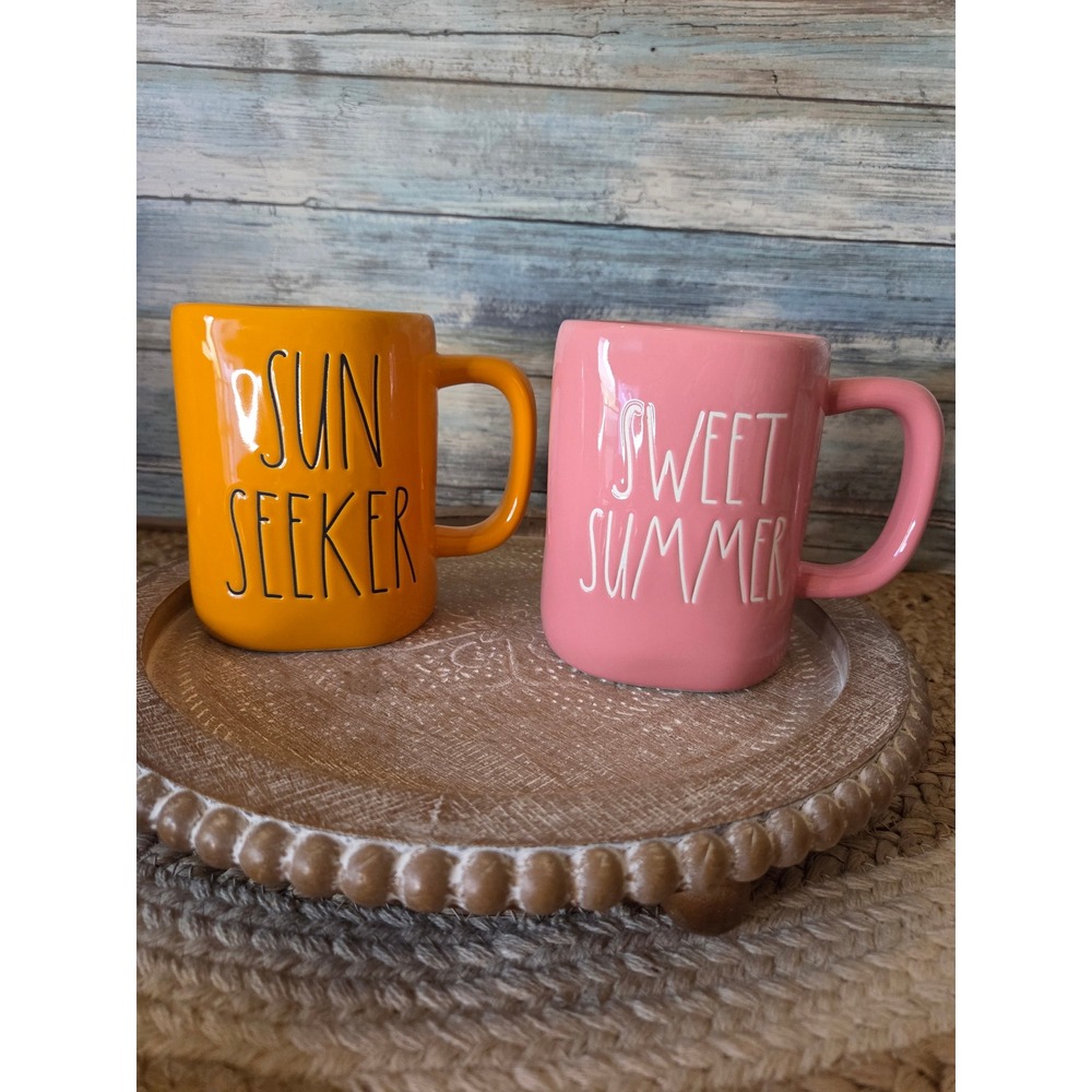 Rae Dunn Sun Seeker Sweet Summer Ceramic Mug Set Orange Pink 2 Piece